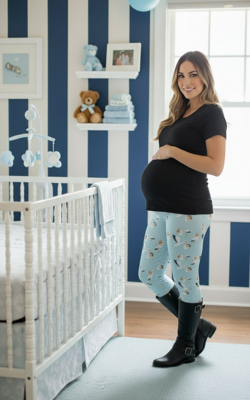 Womens Blue Stork Leggings - High Waisted - Buttery Soft - Baby Boy Mom Gift Idea Leggings MomMe and More