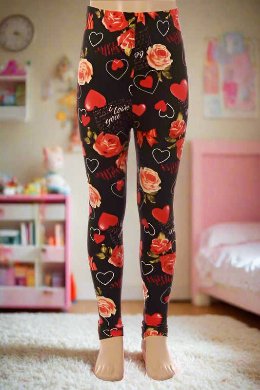 Girls Valentines Day Heart Leggings, Kids Yoga Pants, Sizes S/L, No-Roll Waist, Black/Red Leggings MomMe and More