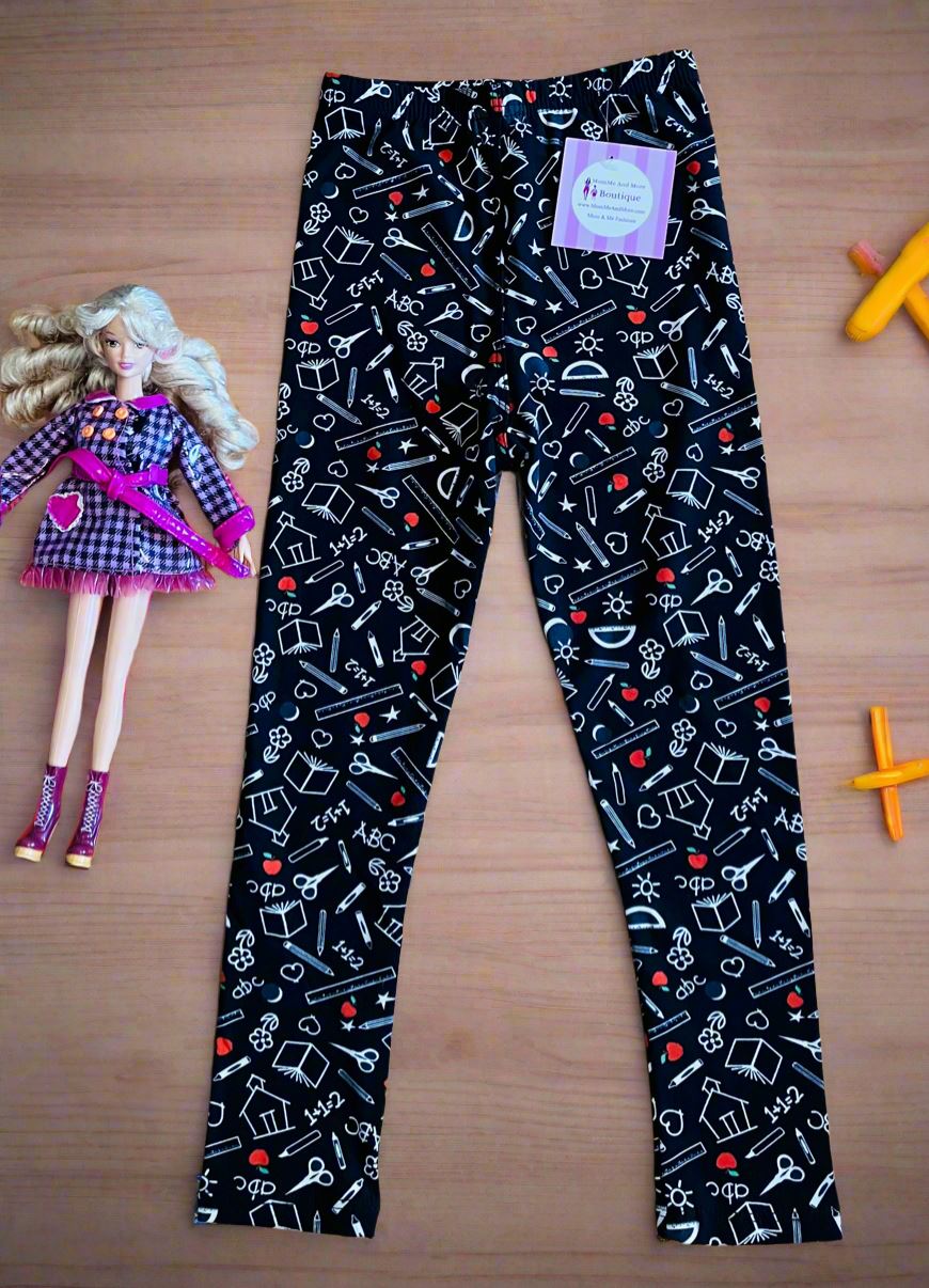 Girls School Printed Leggings, Kids Yoga Pants, Sizes S/L, No-Roll Waist, Black Leggings MomMe and More