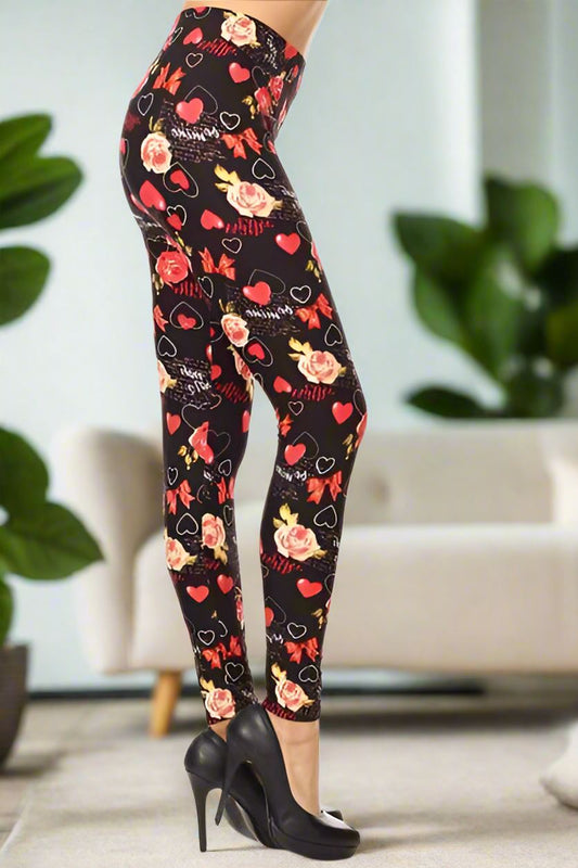 Womens Valentines Day Leggings, Heart Be Mine Leggings, Soft Yoga Pants, No-Roll Waist, Sizes 0-18, Red/Black Leggings MomMe and More