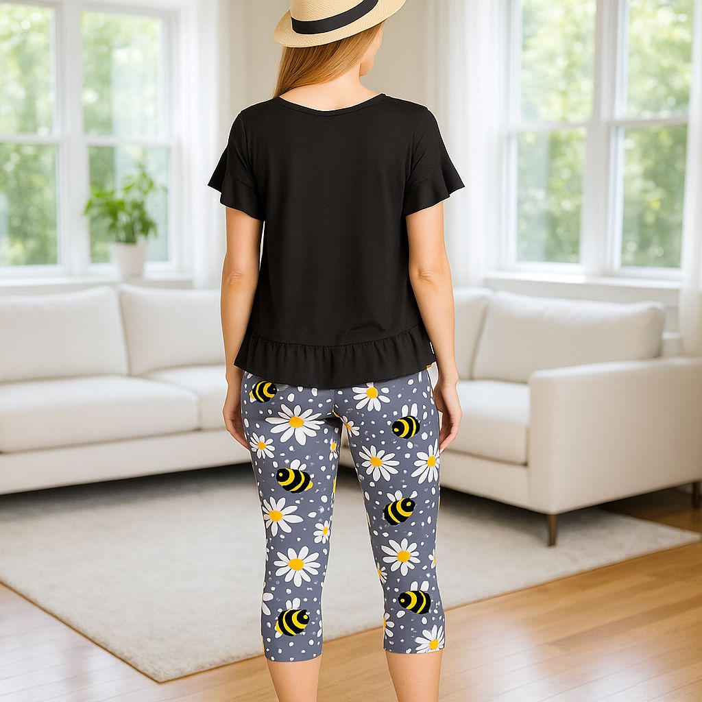 Womens Bee Capri Leggings - High Waisted - Buttery Soft - Gray/Yellow Leggings MomMe and More