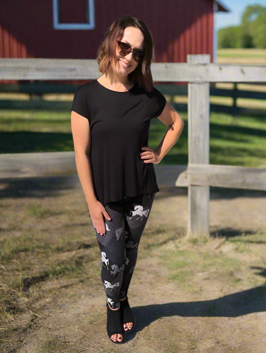 Womens Black Horse Leggings, Soft Yoga Pants, Sizes 0-20, Yoga Waist, Black/White Leggings MomMe and More