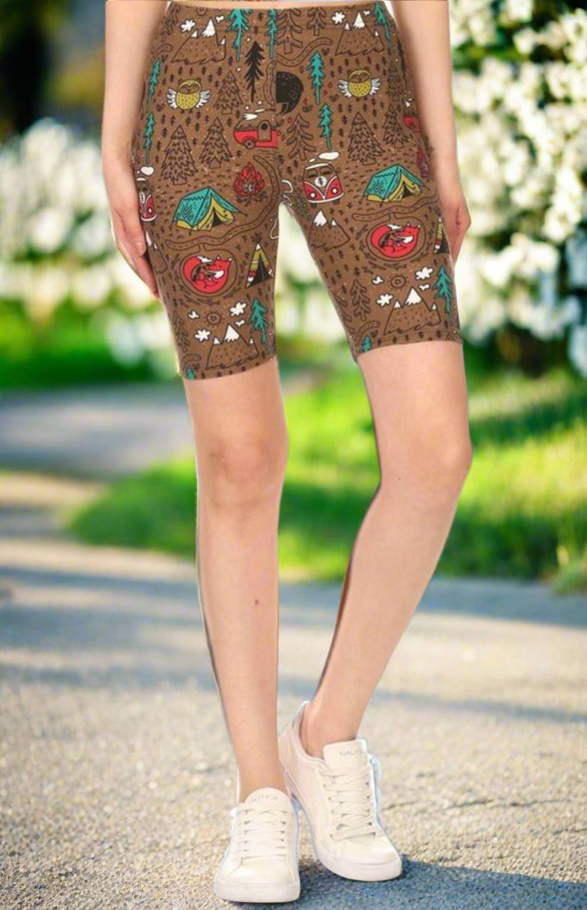 Womens Camping Biker Shorts - High Waisted - Buttery Soft - Brown Shorts MomMe and More