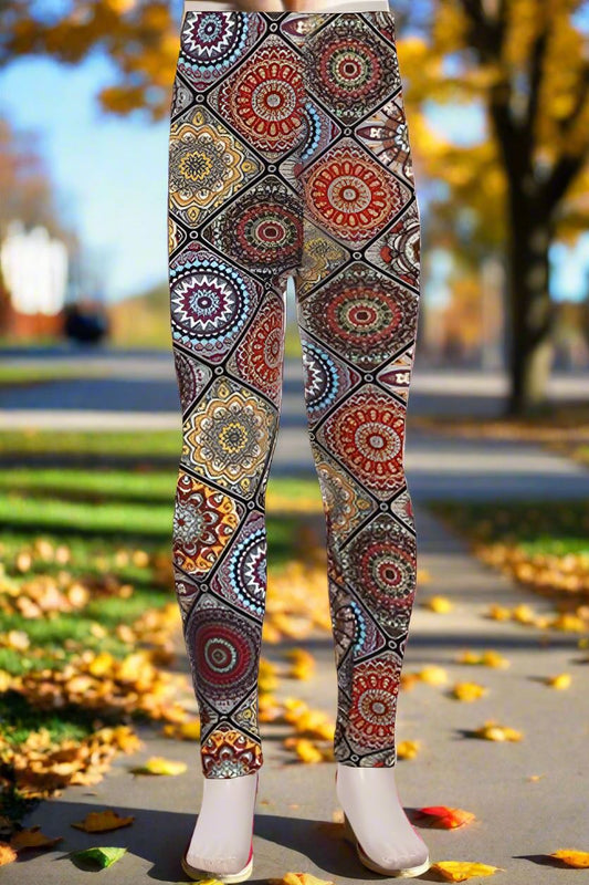 Girls Fall Mosaic Leggings, Kids Yoga Pants, Size S, No-Roll Waist, Brown/Multi Leggings MomMe and More