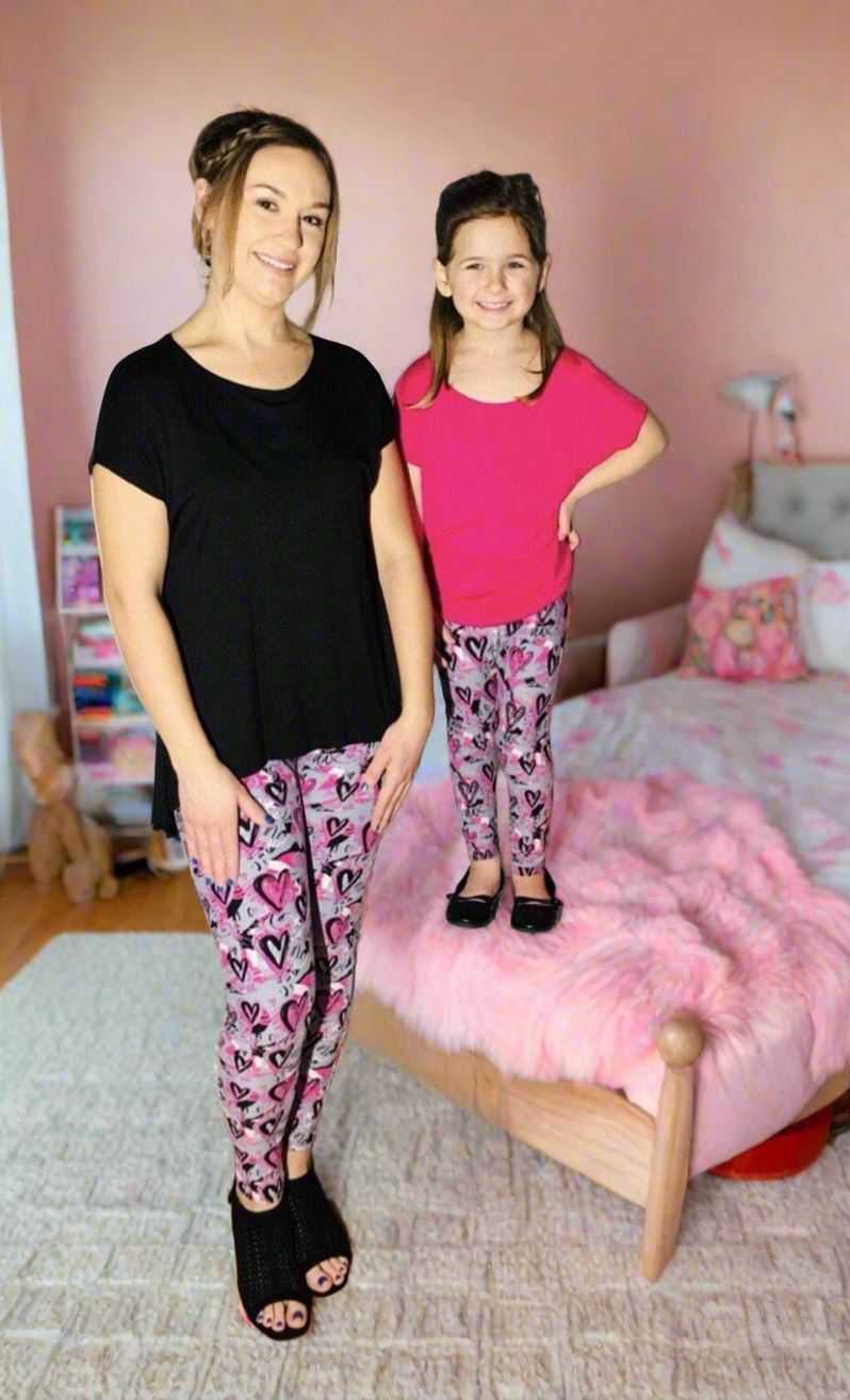 Girls Heart Valentines Day Leggings, Kids Yoga Pants, Sizes S/L, No-Roll Waist, Pink/Gray Leggings MomMe and More