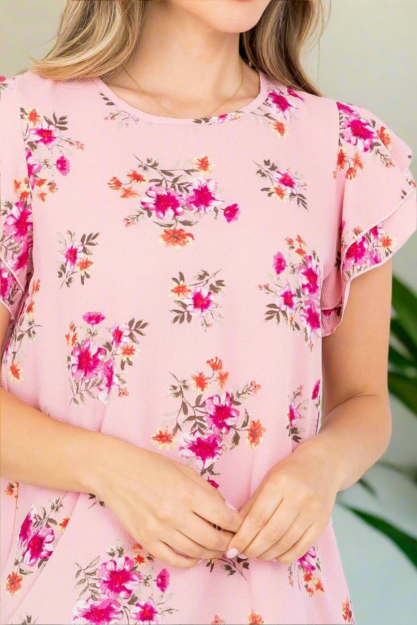 Womens Pink Floral Top, Flutter Cap Sleeve Shirt, Flowered Blouse, Sizes S/M/L/XL, Pink Tops MomMe and More