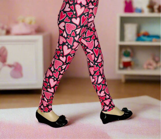 Girls Valentines Day Leggings, Doodle Heart Leggings, Soft Yoga Pants, Sizes S/L, Black/Pink, Exclusive Leggings Leggings MomMe and More