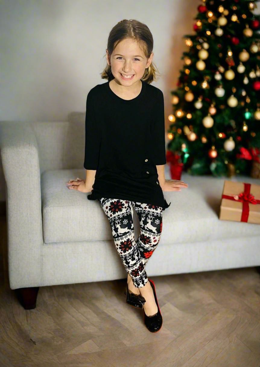 Girls Christmas Holiday Leggings, Kids Yoga Pants, Sizes S/L, No-Roll Waist, Black/Red/White Leggings MomMe and More