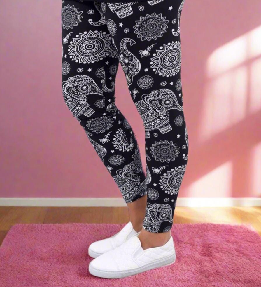 Girls Elephant Leggings, Kids Yoga Pants, Sizes S/L, No-Roll Waist, Black/White Leggings MomMe and More