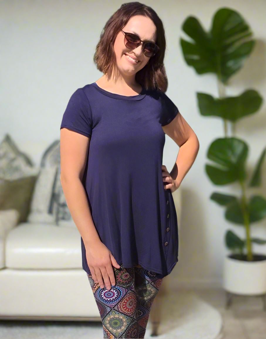 Womens Blue High-Low Top, Short Sleeve Shirt, Side Button Asymmetric Tunic, Sizes S/M/L, Solid Navy Blue Tops MomMe and More