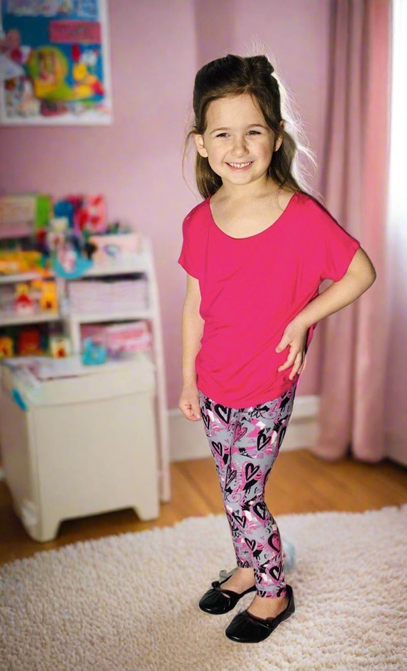 Girls Heart Valentines Day Leggings, Kids Yoga Pants, Sizes S/L, No-Roll Waist, Pink/Gray Leggings MomMe and More