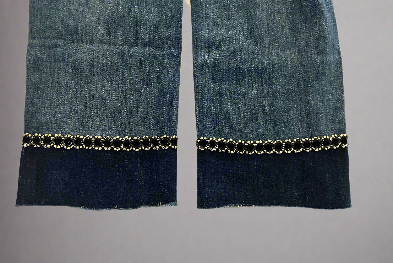 Womens Capri Jeans - Mid Rise - Embroidered Hem - Dark Wash Jeans MomMe and More