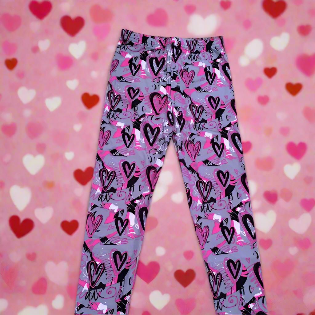 Girls Valentines Day Heart Leggings, Kids Yoga Pants, Sizes S/L, No-Roll Waist, Pink/Gray Leggings MomMe and More