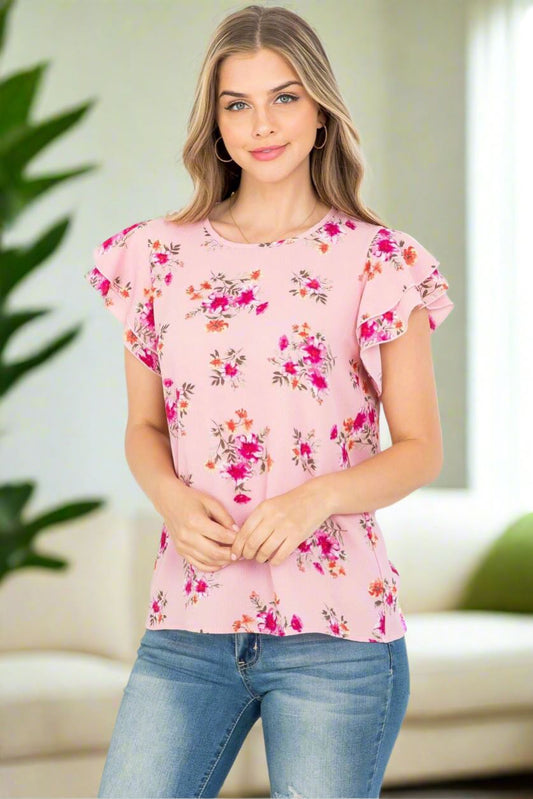 Womens Pink Floral Top, Flutter Cap Sleeve Shirt, Flowered Blouse, Sizes S/M/L/XL, Pink Tops MomMe and More