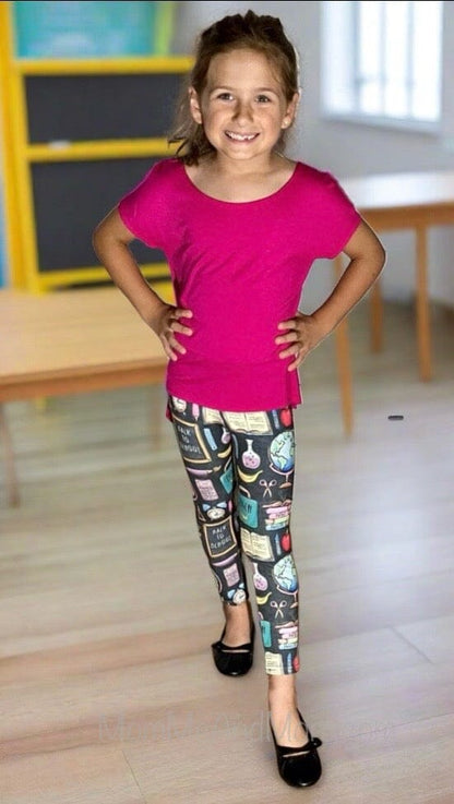Girls School Theme Leggings Kids Yoga Pants Multi Color Sizes S/L
