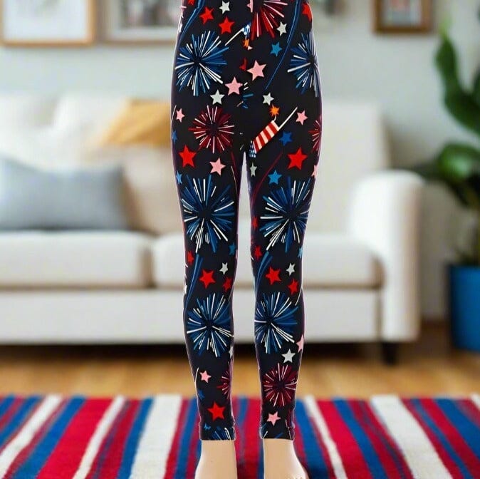 Girls 4th of July American Flag Sparkler Leggings, Kids Yoga Pants, Sizes S/L, Red/White/Blue Leggings MomMe and More