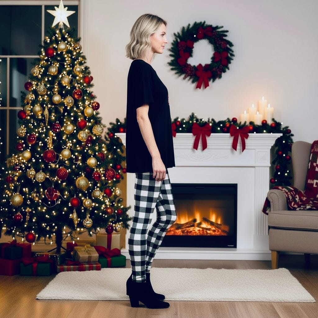 Womens Christmas Plaid Leggings - High Waisted - Buttery Soft - Black/White Leggings MomMe and More