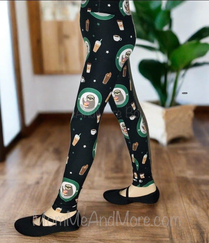 Girls Sloth Coffee Donut Leggings Kids Yoga Pants Sizes S/L Black/Green Leggings MomMe and More 