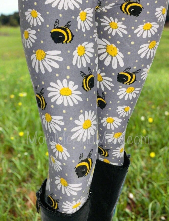 Womens Daisy Bee Leggings, Soft Yoga Pants, Sizes 0-20, Gray/Yellow Leggings MomMe and More