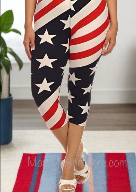 Womens Patriotic 4th of July American Flag Capri Leggings Soft Yoga Pants Sizes 0-18