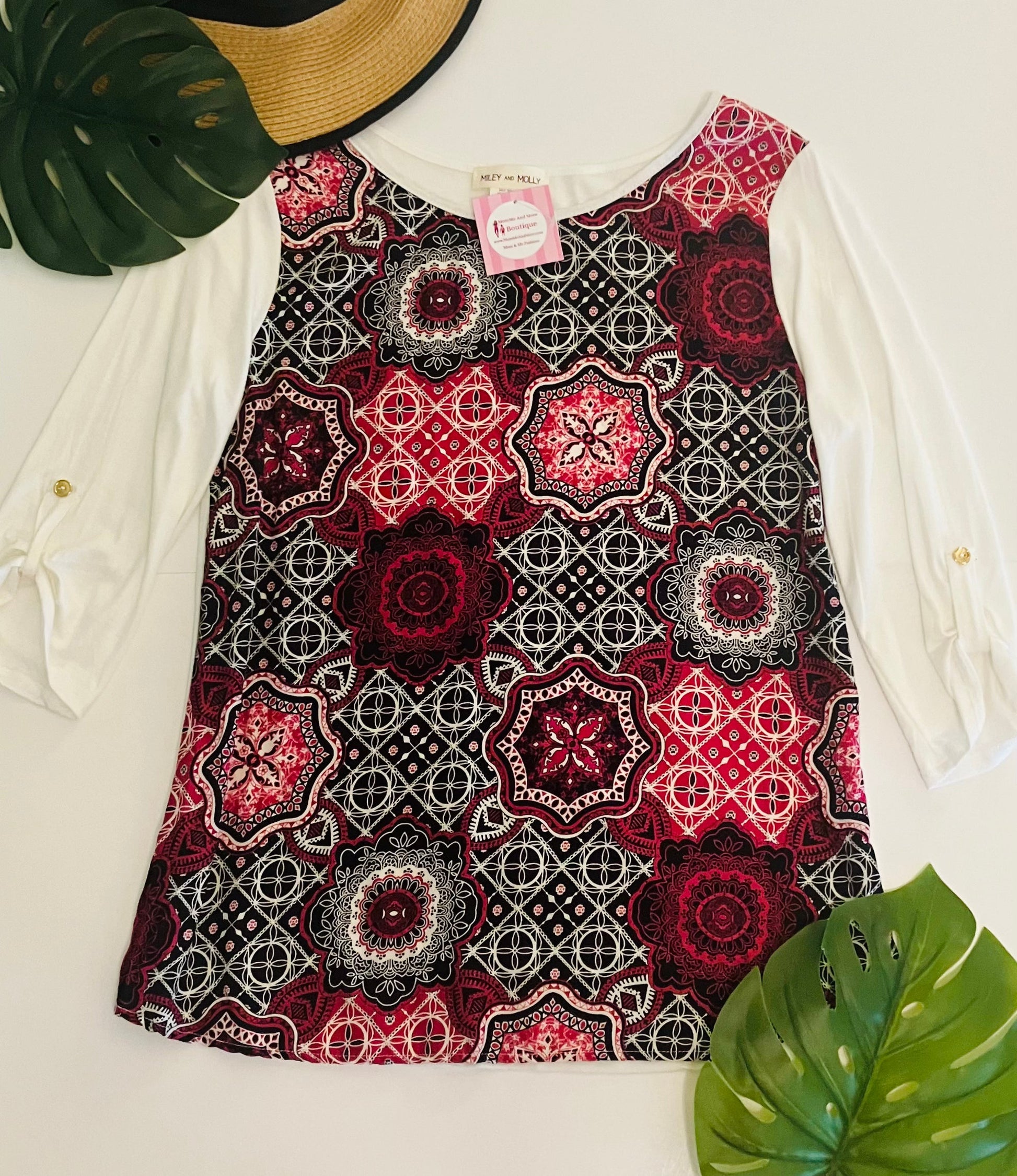 Womens Pink White Top | 3/4 Sleeve Shirt | Medallion Geometric Tunic Tops MomMe and More 