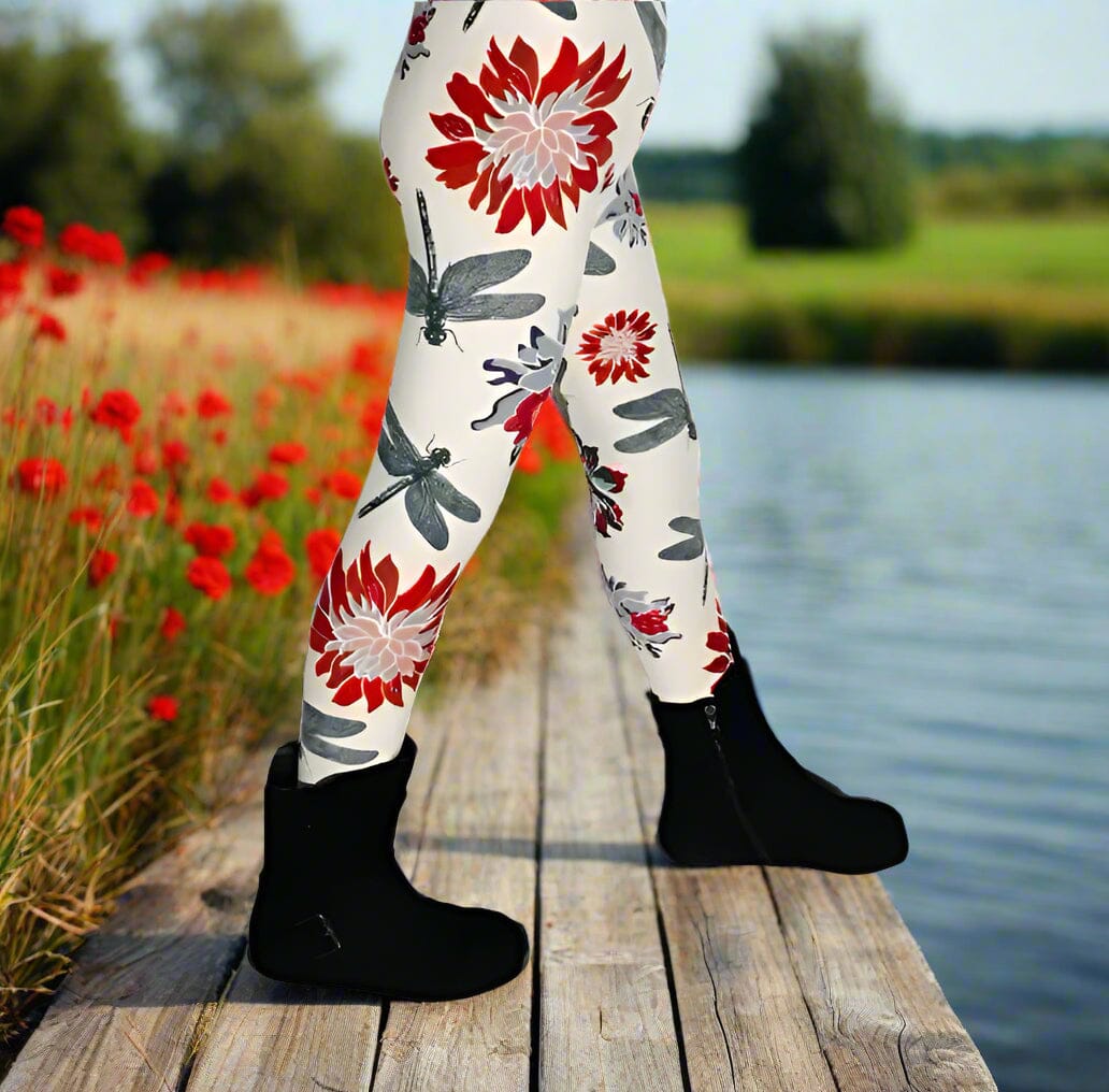 Girls Floral Dragonfly Leggings, Kids Yoga Pants, Sizes S/L, No-Roll Waist, White/Red/Purple Leggings MomMe and More