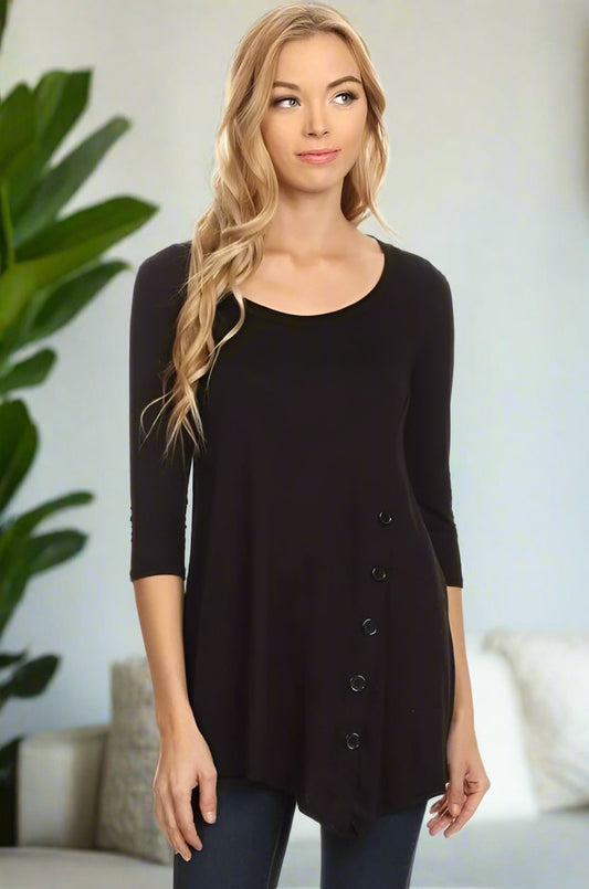 Womens High-Low Black Shirt | Side Button Long Tunic Top Tops MomMe and More