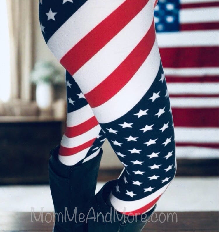 Womens American Flag Patriotic Leggings Soft Yoga Pants Sizes 0-18 Red/White/Blue Leggings MomMe and More 