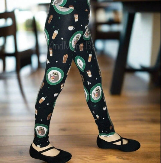 Girls Sloth Coffee Donut Leggings Kids Yoga Pants Sizes S/L Black/Green