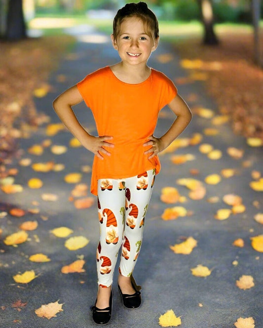 Girls Fall Gnome Pumpkin Leggings Kids Yoga Pants Gray/Orange Sizes S/L