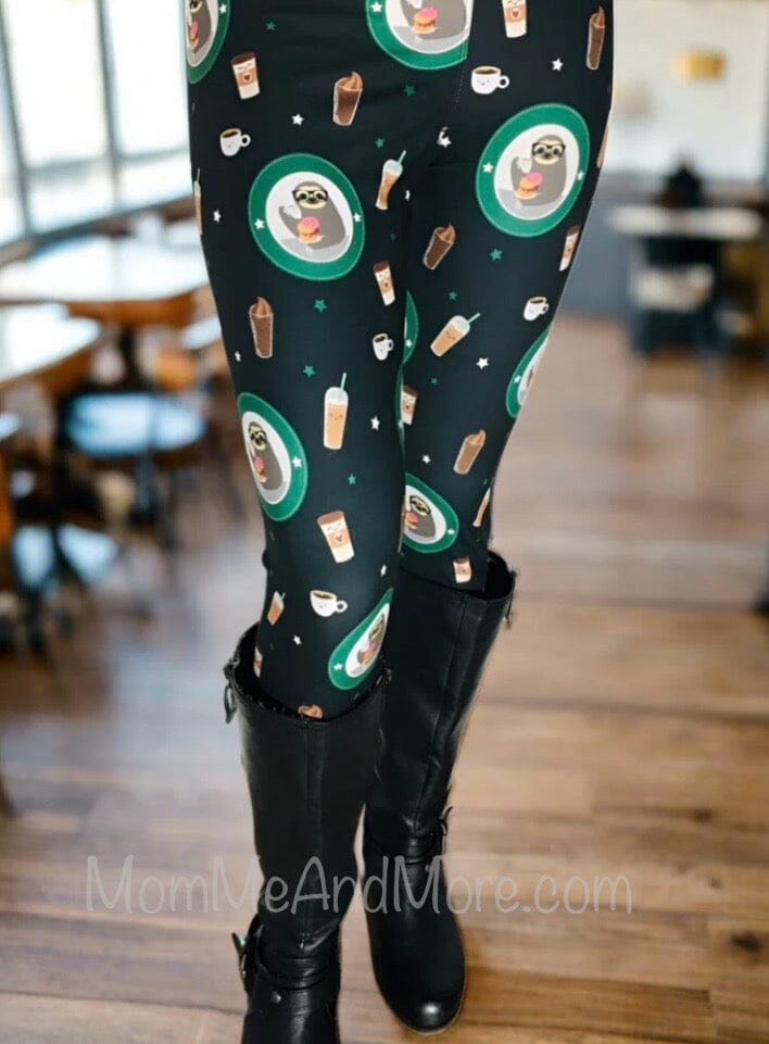 Womens Sloth Coffee Donut Leggings Soft Yoga Pants Sizes 0-20 Black/Green