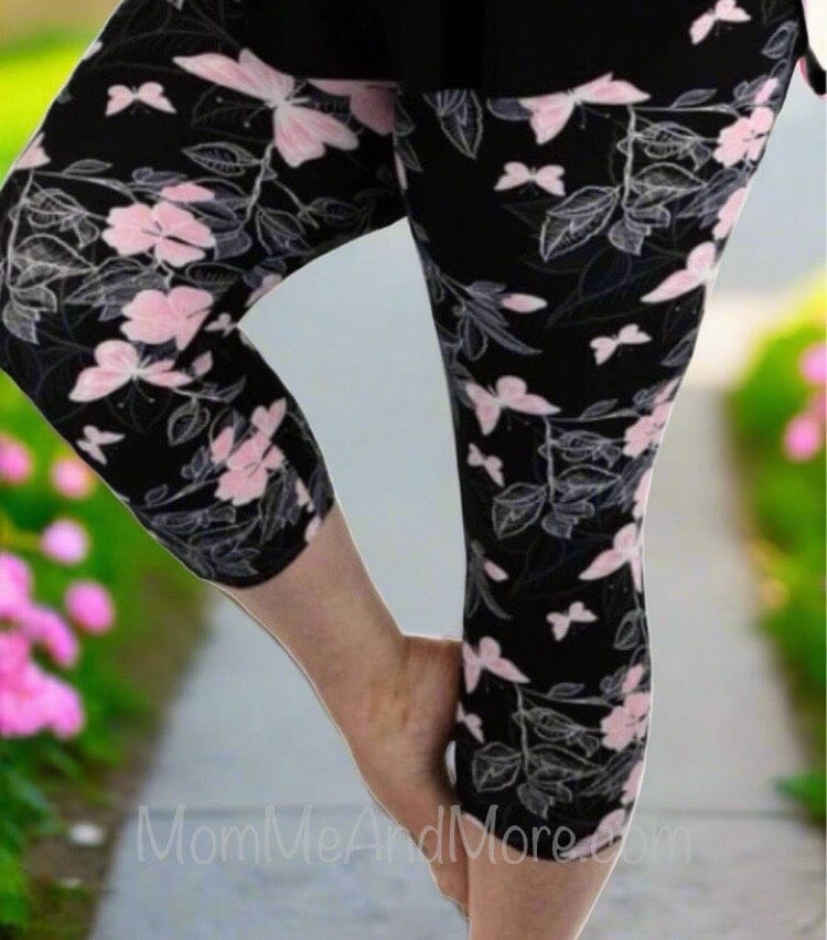 Womens Pink Butterfly Capri Leggings, Soft Yoga Pants, Sizes 0-18, Pink/Black Leggings MomMe and More