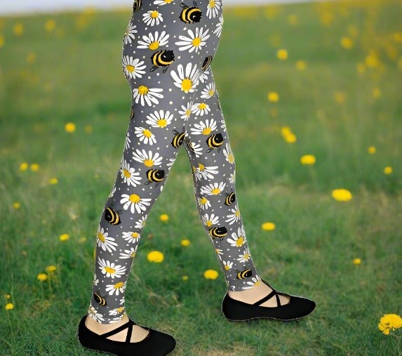 Girls Daisy Bee Leggings Kids Yoga Pants Gray/Yellow Sizes S/L Leggings MomMe and More 