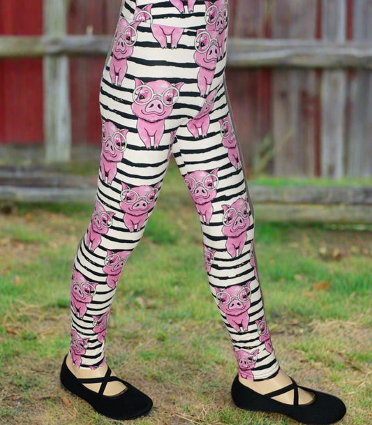 Girls Leggings | Exclusive Pink Pig Leggings | Kids Yoga Pants | Footless Tights | Yoga Waistband Leggings MomMe and More
