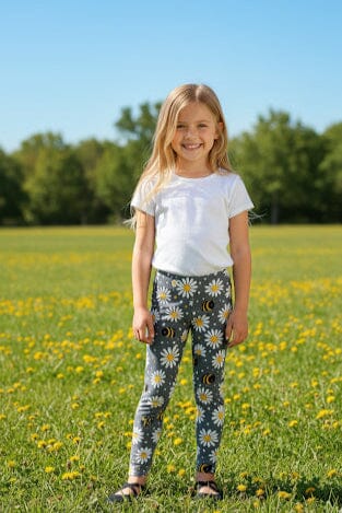 Girls Bee Daisy Leggings - High Waisted - Buttery Soft - Gray/Yellow Leggings MomMe and More