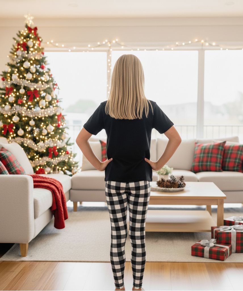 Girls Plaid Leggings - High Waisted - Buttery Soft - Black/White Leggings MomMe and More