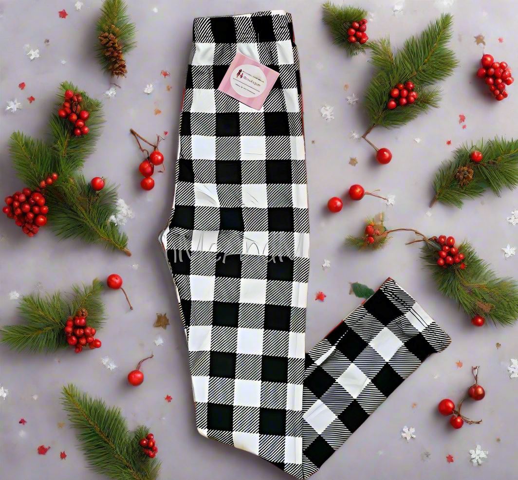 Girls Christmas Black White Plaid Leggings, Kids Yoga Pants, Sizes S/L, No-Roll Waist, Black/White Leggings MomMe and More
