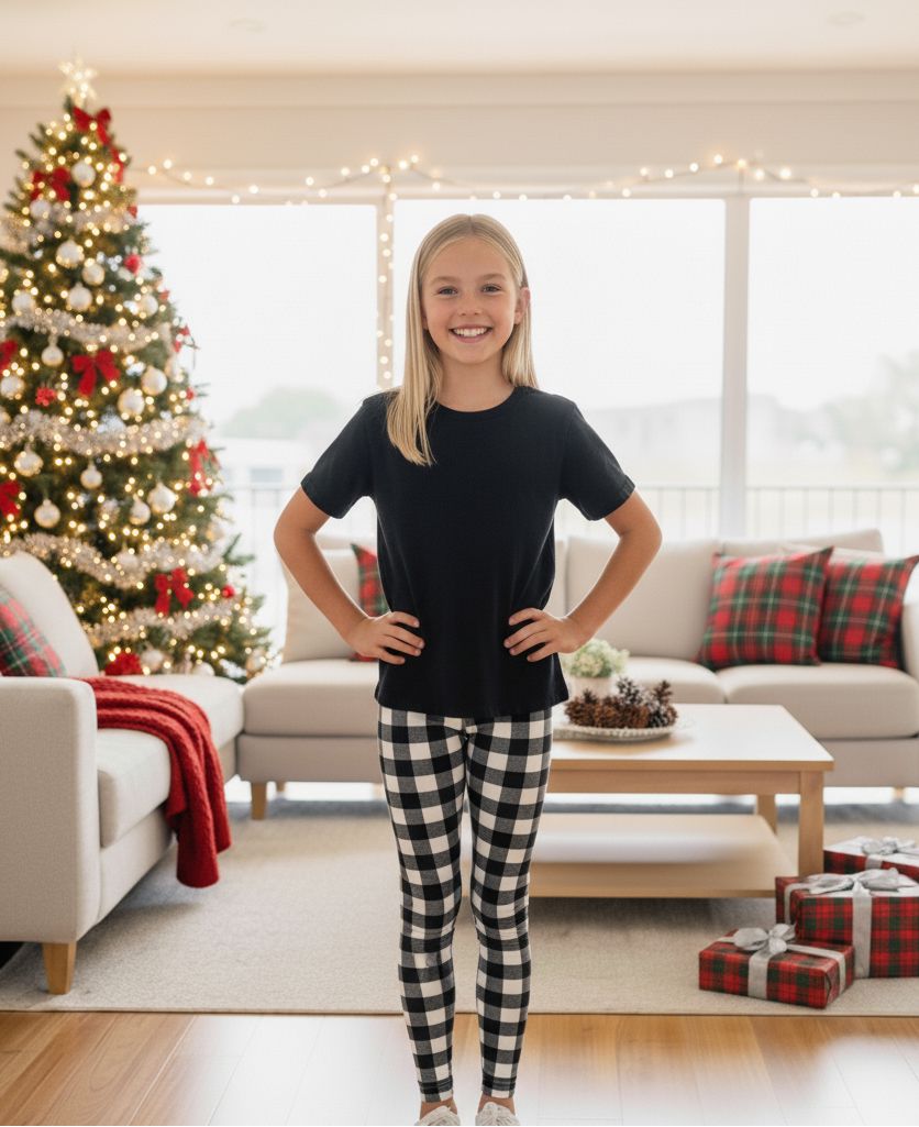 Girls Plaid Leggings - High Waisted - Buttery Soft - Black/White Leggings MomMe and More S Black/White