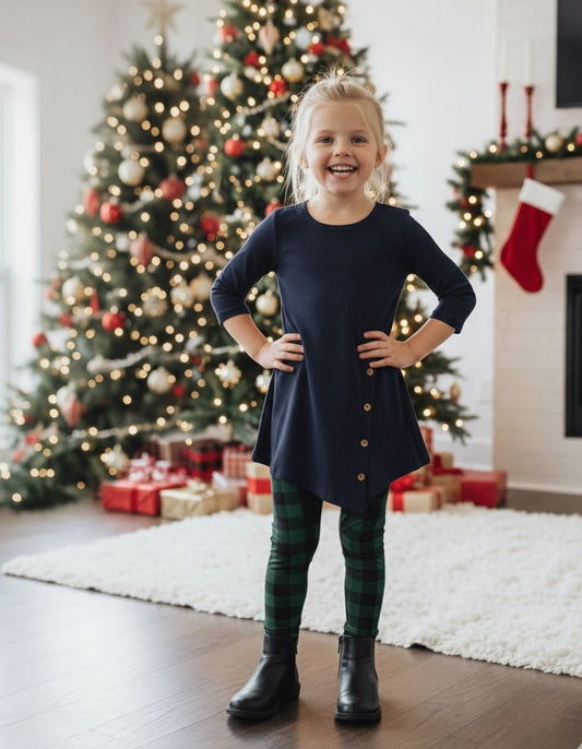Girls Christmas Green Plaid Leggings - High Waisted - Buttery Soft - Green/Blue Leggings MomMe and More S Green