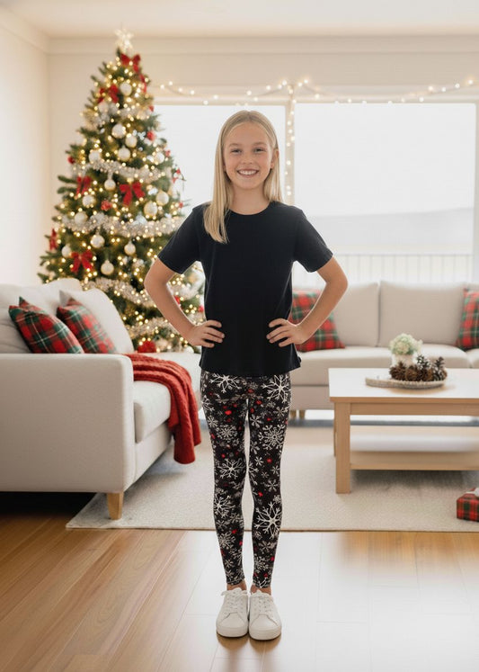 Girls Christmas Snowflake Leggings - High Waisted - Buttery Soft - Yoga Pants for Kids - Black/White Leggings MomMe and More S Black