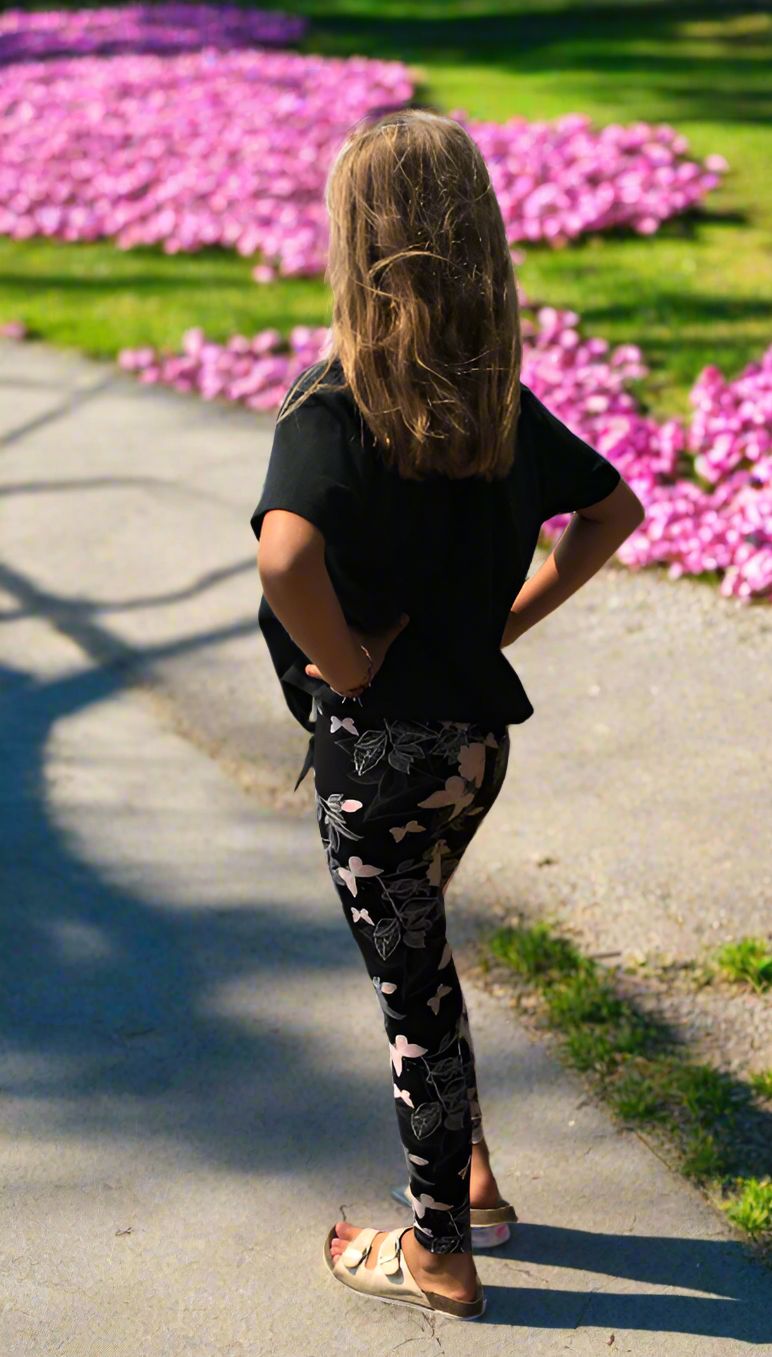 Girls Pink Butterfly Leggings, Kids Yoga Pants, Sizes S/L, No-Roll Waist, Black/Pink Leggings MomMe and More