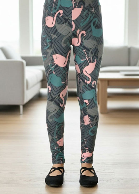Girls Pink Flamingo Leggings - High Waisted - Buttery Soft Yoga Pants for Kids - Gray/Pink Leggings MomMe and More S Pink