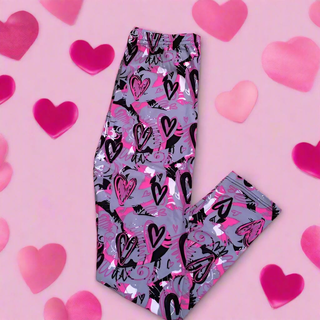 Girls Valentines Day Heart Leggings, Kids Yoga Pants, Sizes S/L, No-Roll Waist, Pink/Gray Leggings MomMe and More