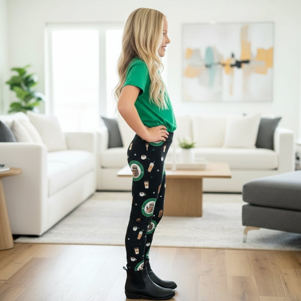 Girls Sloth Coffee Leggings - High Waisted - Buttery Soft - Black/Green Leggings MomMe and More