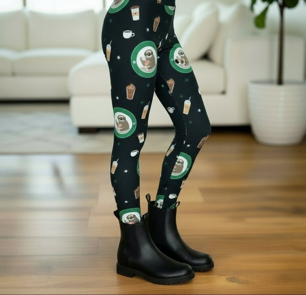 Girls Sloth Coffee Leggings - High Waisted - Buttery Soft - Black/Green Leggings MomMe and More S Black Yoga Waist