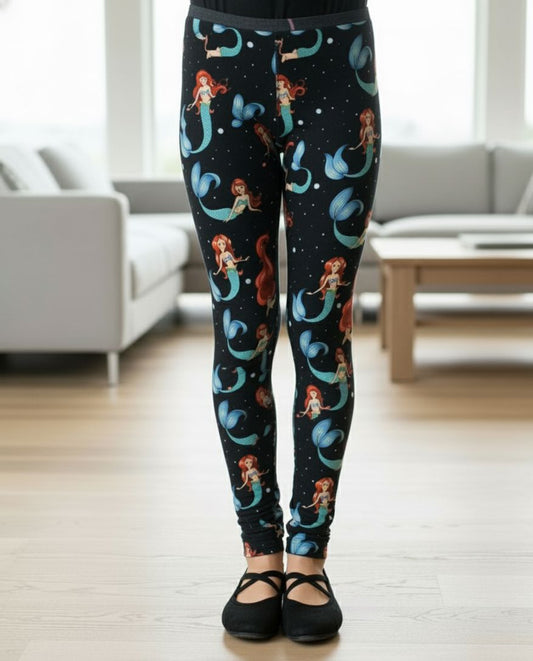 Girls Mermaid Leggings - High Waisted - Buttery Soft - Yoga Pants for Kids - Black/Multi Leggings MomMe and More S Black Yoga Waist