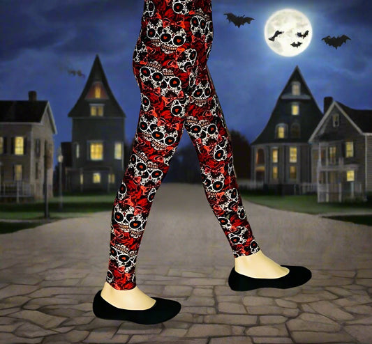 Girls Leggings | Red Rose Skull Leggings | Kids Yoga Pants | Footless Tights | No-Roll Waistband Leggings MomMe and More