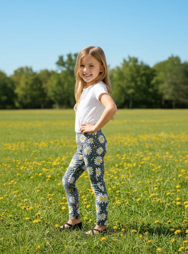 Girls Bee Daisy Leggings - High Waisted - Buttery Soft - Gray/Yellow Leggings MomMe and More