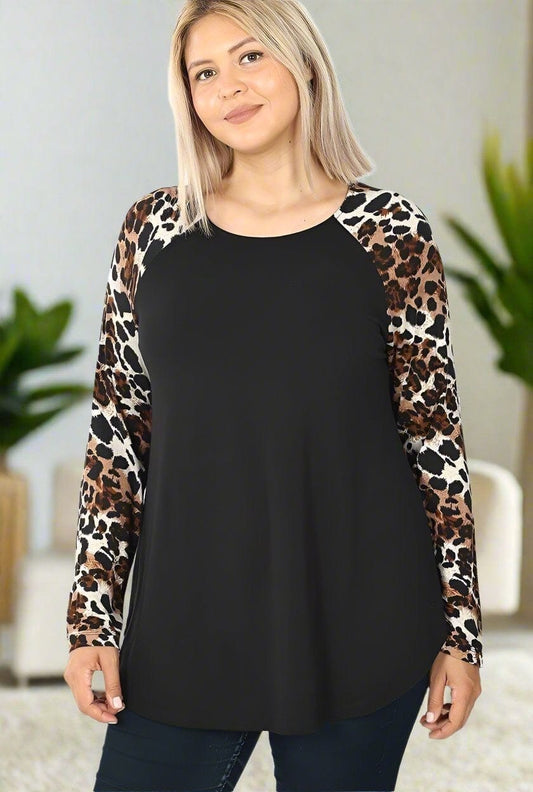 Womens Cheetah Sleeve Top, Long Sleeve Fall Raglan Shirt, Plus Sizes 1xl/2xl/3xl, Black/Brown Tops MomMe and More