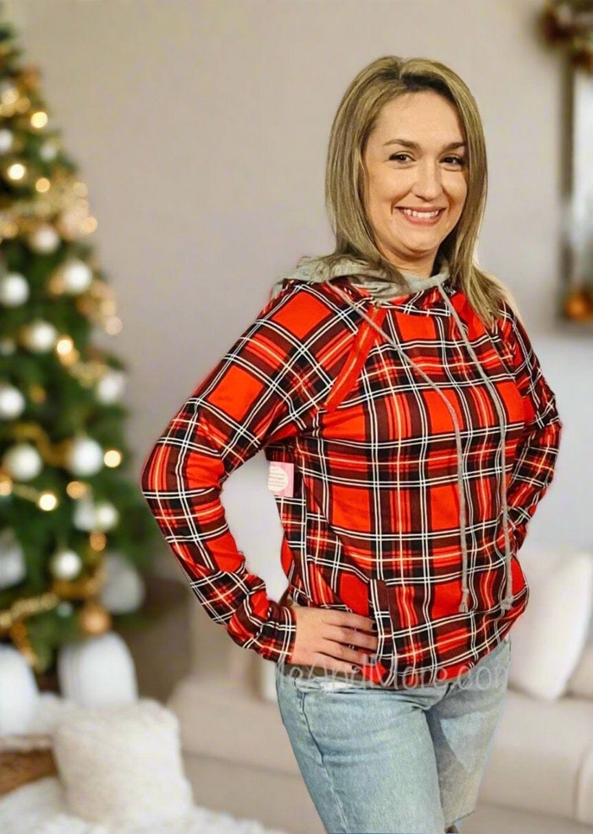 Womens Christmas Red Plaid Hoodie, Long Sleeve Shirt, Double Hooded Top, Sizes S/M/L, Red/Black Tops MomMe and More
